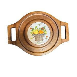 Vtg MCM Goodwood Charcuterie Cheese Board Handles Solid Wood Ceramic Spice Life